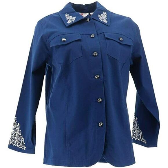 Quacker Factory Jacket Womens Size XL Rhinestones Embroidered Woven Pockets Top - Picture 1 of 12